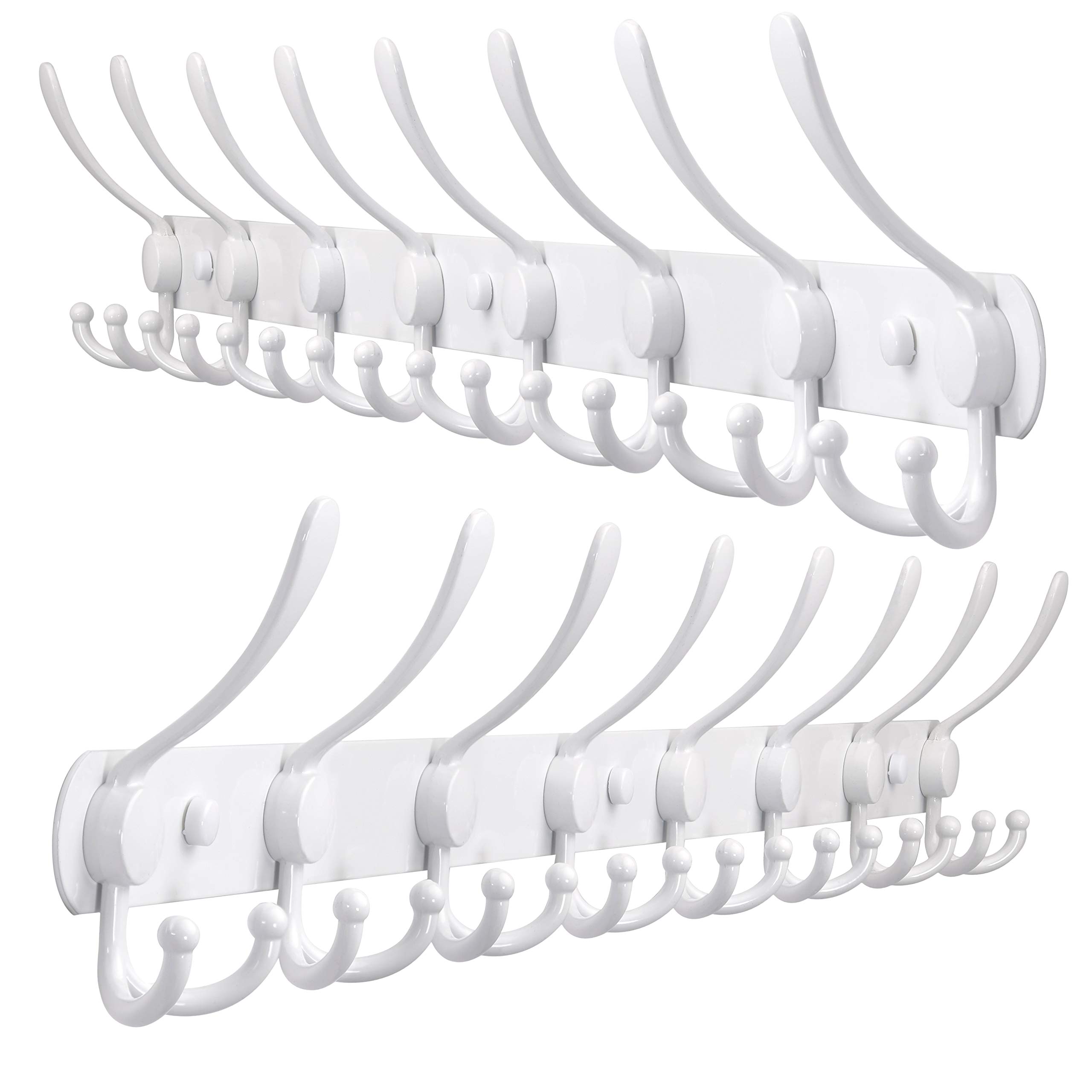 Dseap Coat Rack Wall Mount - 74cm Long 8-Tri-Hooks, Heavy Duty, Stainless Steel, Metal Coat Hanger Rail Wall Hooks for Coats Hats Clothing Clothes Purse Mudroom Entryway, White, Pack of 2