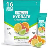 TRULABS Hydrate Electrolyte Drink Mix &ndash; Citrus Splash Flavor, Sugar-Free Hydration Packets with 1422 mg Electrolytes &amp; 19 Vitamins &amp; Minerals, Monk Fruit Sweetened, On-the-Go Sticks (16 Count)