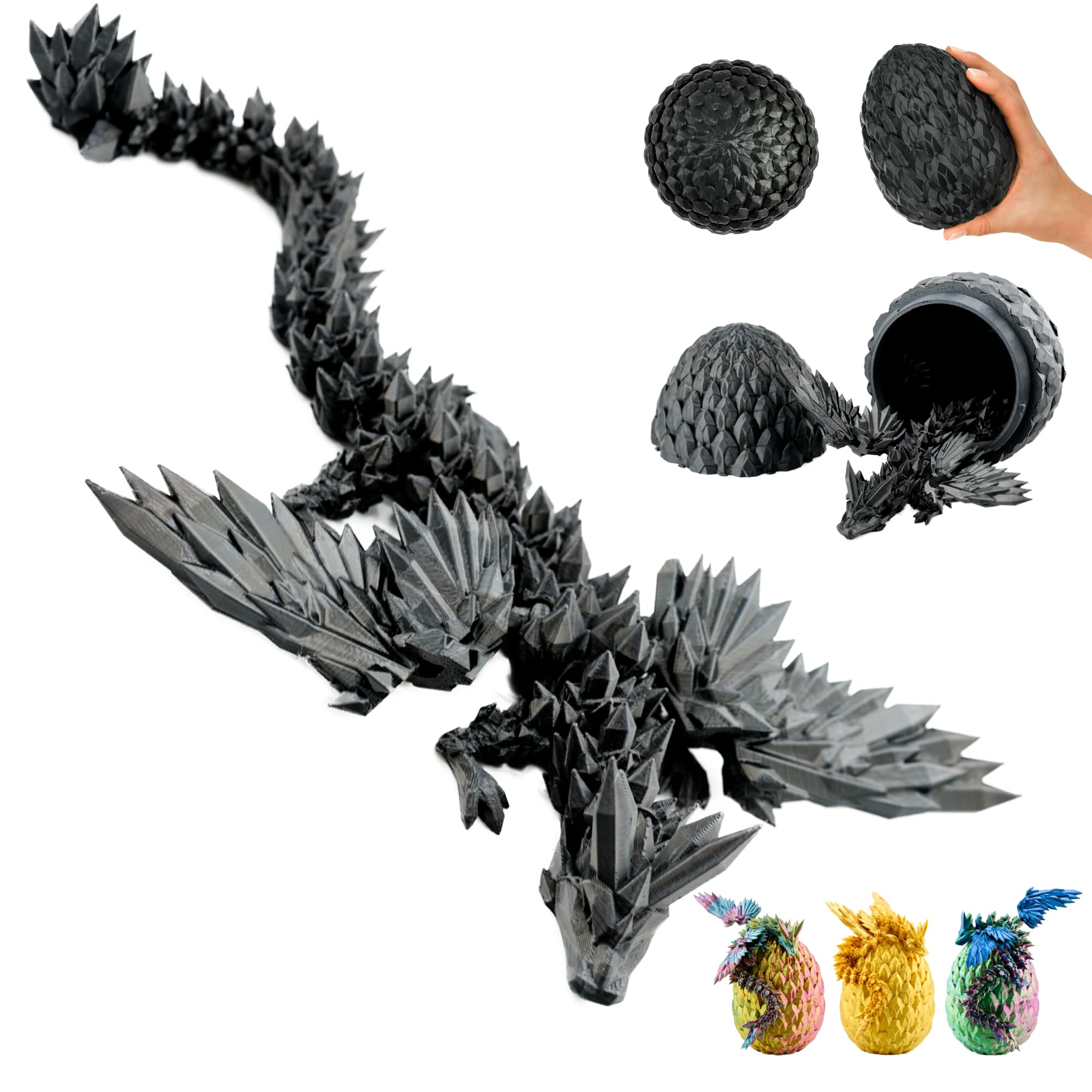 3D Dragon with Wings in Egg – 23 cm Decorative Collectible Figurine with 12-cm Egg, Black Dragon with Movable Element, Fantasy Décor (14+)