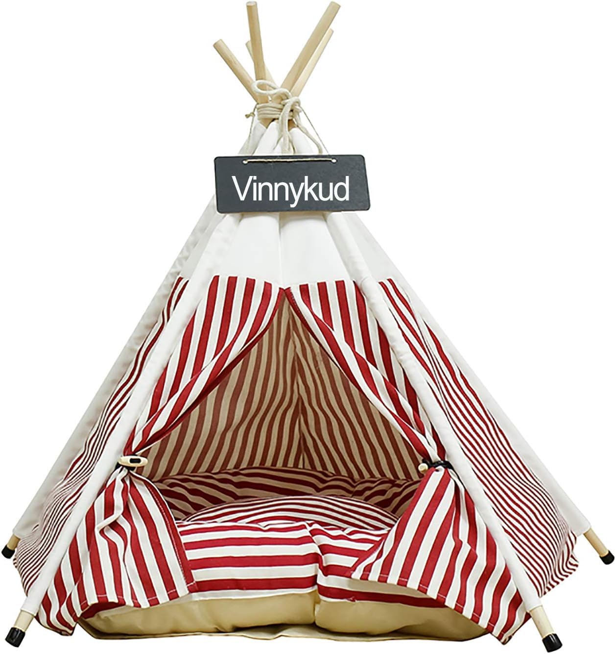 Vinnykud Pets Teepee Dogs Tent Stripes Removable and Washable Cats Tents Dog/Cat Bed Play House With Cushion (Red, S:40x40x50cm)
