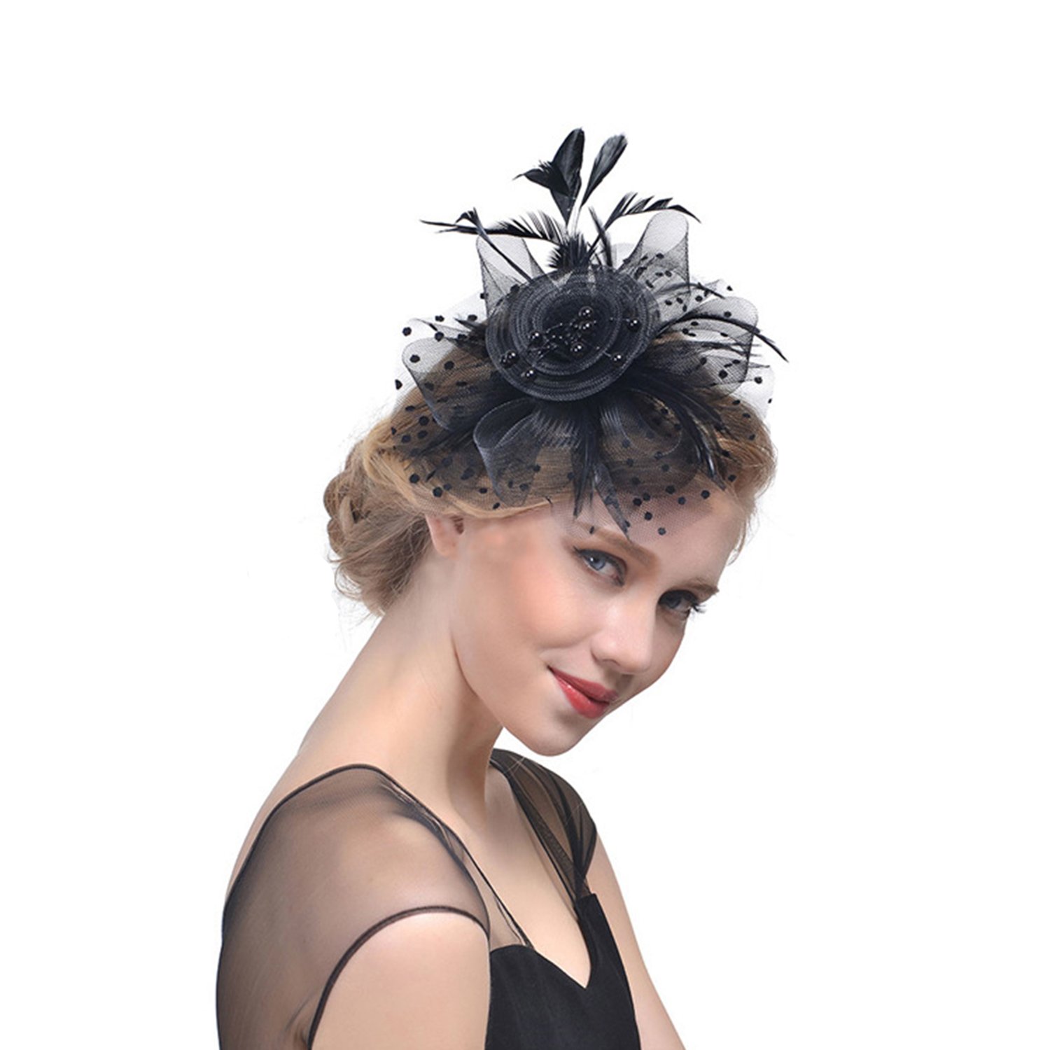 Ylucky Women Ladies Dot Mesh Feather Headband Fascinator with Yarn Beads Elegant Curlicue Feather Headwear Hat Bridal Wedding Cocktail Tea Party Derby Headwear Races Hats Hair Accessory Black