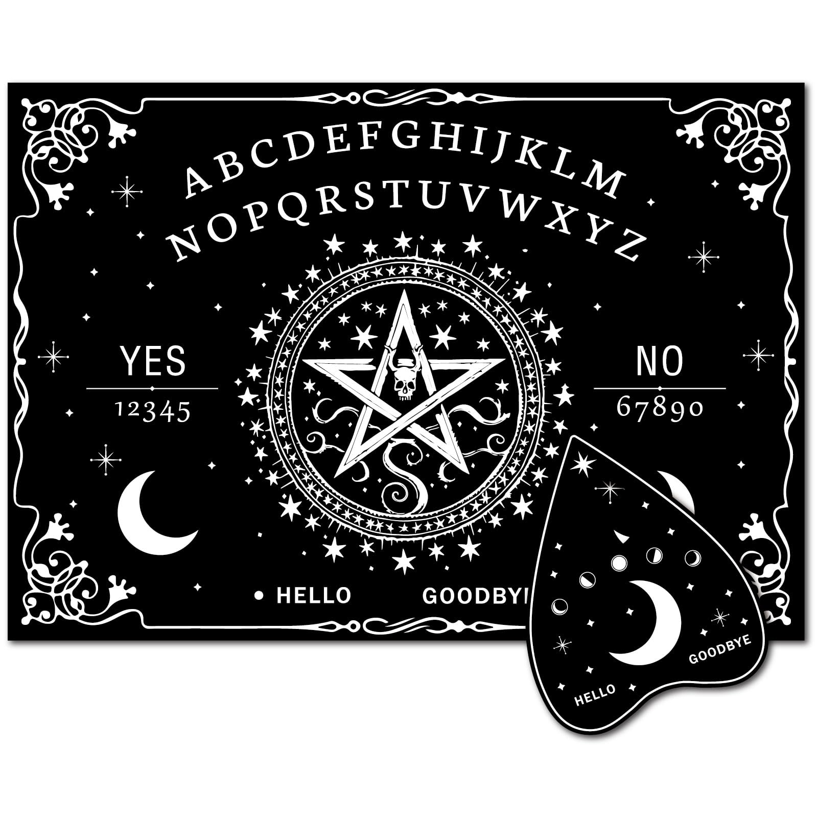 CREATCABIN Pentacle Wood Spirit Board Dowsing Divination Set with Planchette Metaphysical Message Telling Tool Stuff Cratfts for Wicca Witch Spiritual Games Halloween Party 11.8x8.3 Inch Black