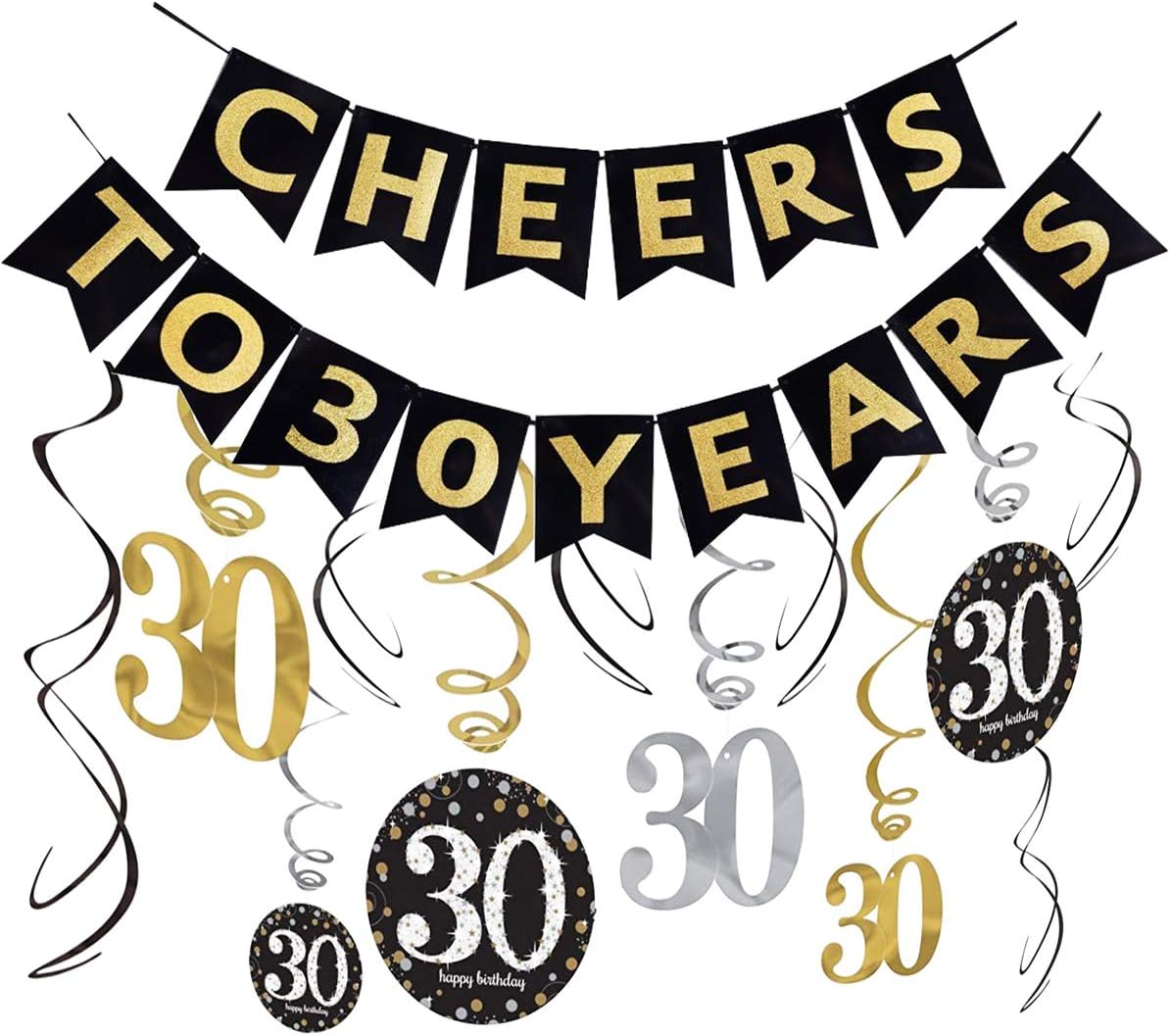 30th Birthday Decorations Kit(Already Assembled) Cheers to 30 Years Banner Bunting,Sparkling Celebration Hanging Swirls,Gold Silver Black 30 Years Old Party Supplies,30th Happy Birthday Decorations