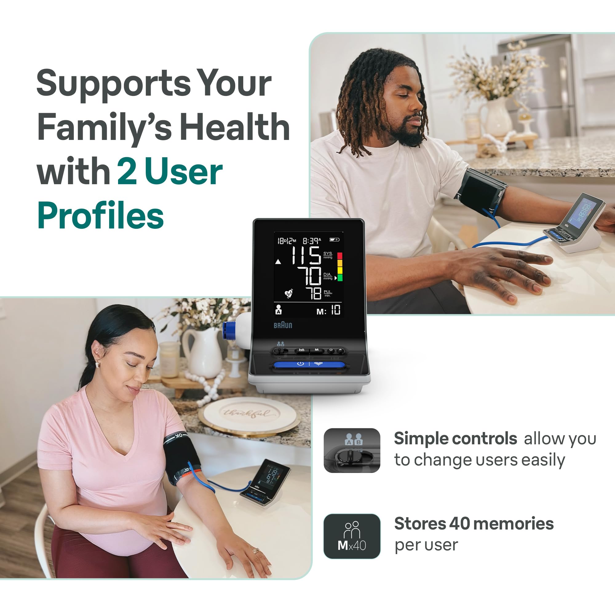 Braun ExactFit 3 Blood Pressure Monitor for Home Use, Blood Pressure Machine, Color-Coded, High BP Monitor, 2 Upper Arm Cuff Sizes, 80 Memory Slots