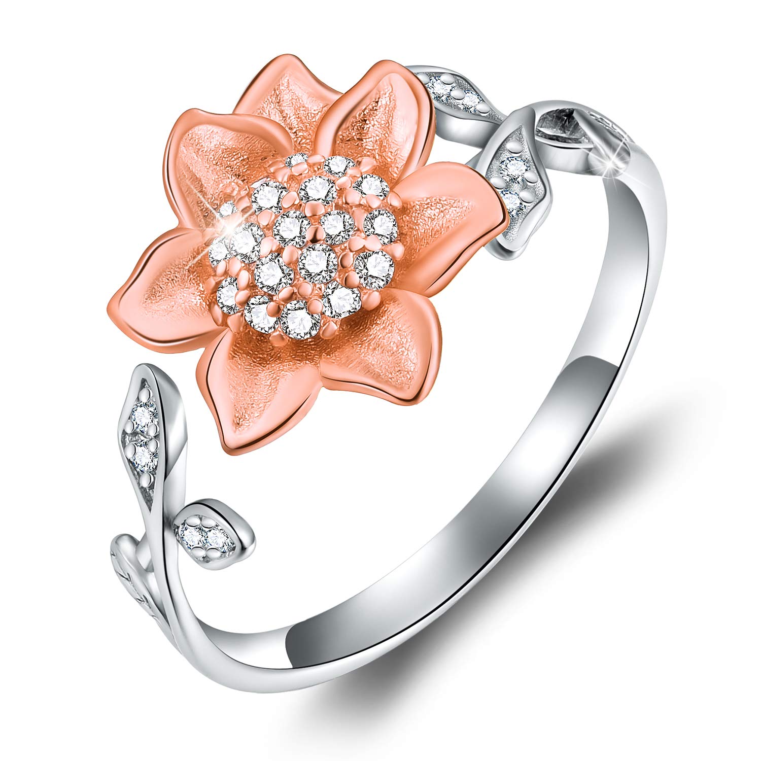 Esberry 18K Gold Plating 925 Sterling Silver Sunflower Open Ring 3D Flower Shape Adjustable Ring Jewelry for Women and Girls (Rose Gold)