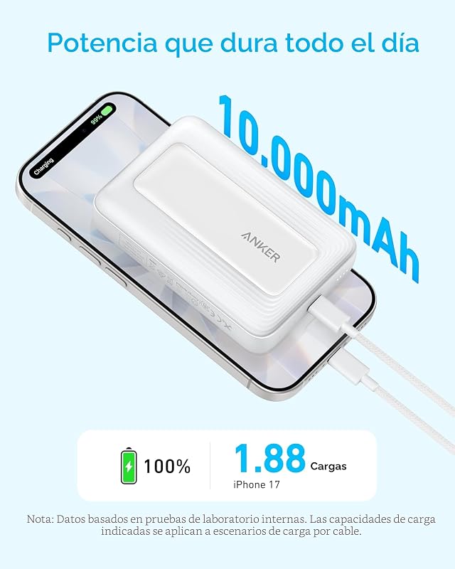 Banco de energia magnético Anker Zolo, carregador portátil sem fio compacto de 10.000 mAh com carregamento rápido máximo de 30W, bateria durável e amigável à pele, para iPhone 16/15/14, AirPods e muito mais