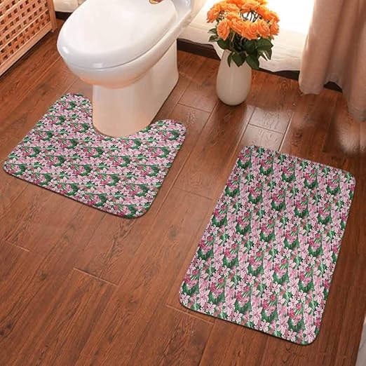 Amazon Com Quickly Dry Non Slip Bathroom Rugs Set Lush Growth Of The Exotic Hawaiian Island Blossoms In Pink S Soft Plush Anti Slip Shower Rug Toilet Mat Multicolor Home Kitchen