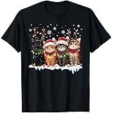 Cat Christmas Light Reindeer Santa Christmas Cat Lover T-Shirt
