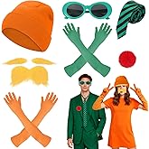 7 Pcs Halloween Orange Costume Accessories Included Orange Beanie Cap Hat Mustache Eyebrows Tie Green Sunglasses Pom Balls Pin for Halloween Mustache Book Character Cosplay
