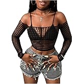 SweatyRocks Women's See Through Off Shoulder Crop Tops Hollow Out Long Sleeve Fitted T Shirt