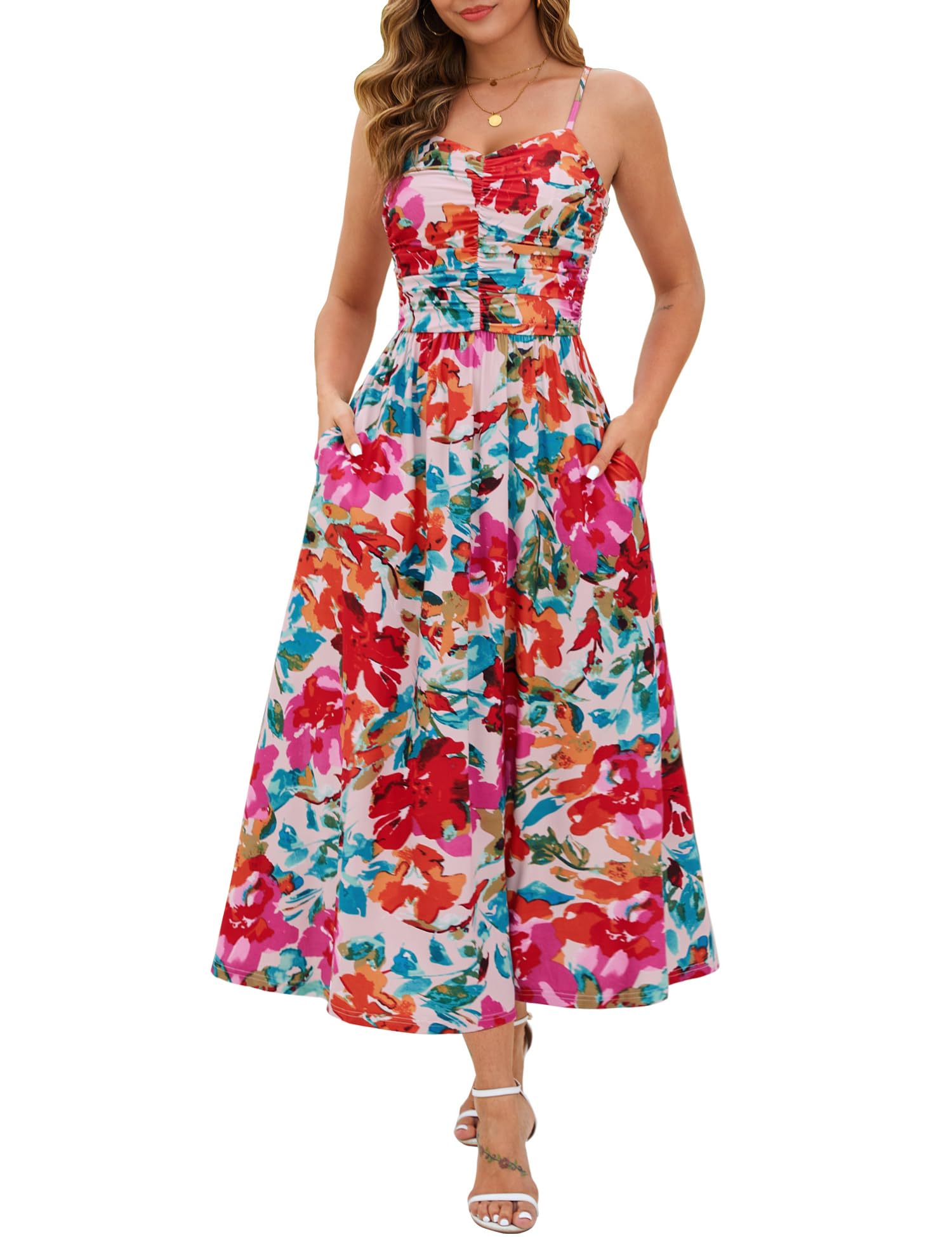 Annebouti Spring Summer Maxi Dress for Women 2026 Casual Trendy Open Back Ruched A-Line Sleeveless Spaghetti Strap Floral Beach Long Sundresses with Pockets Flower S Image