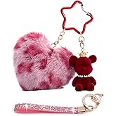 YILANFULL Key Chain Women Cute Bear Bag Charm with Heart Pom Pom Puff Ball Keychain Charms for Purse Backpack