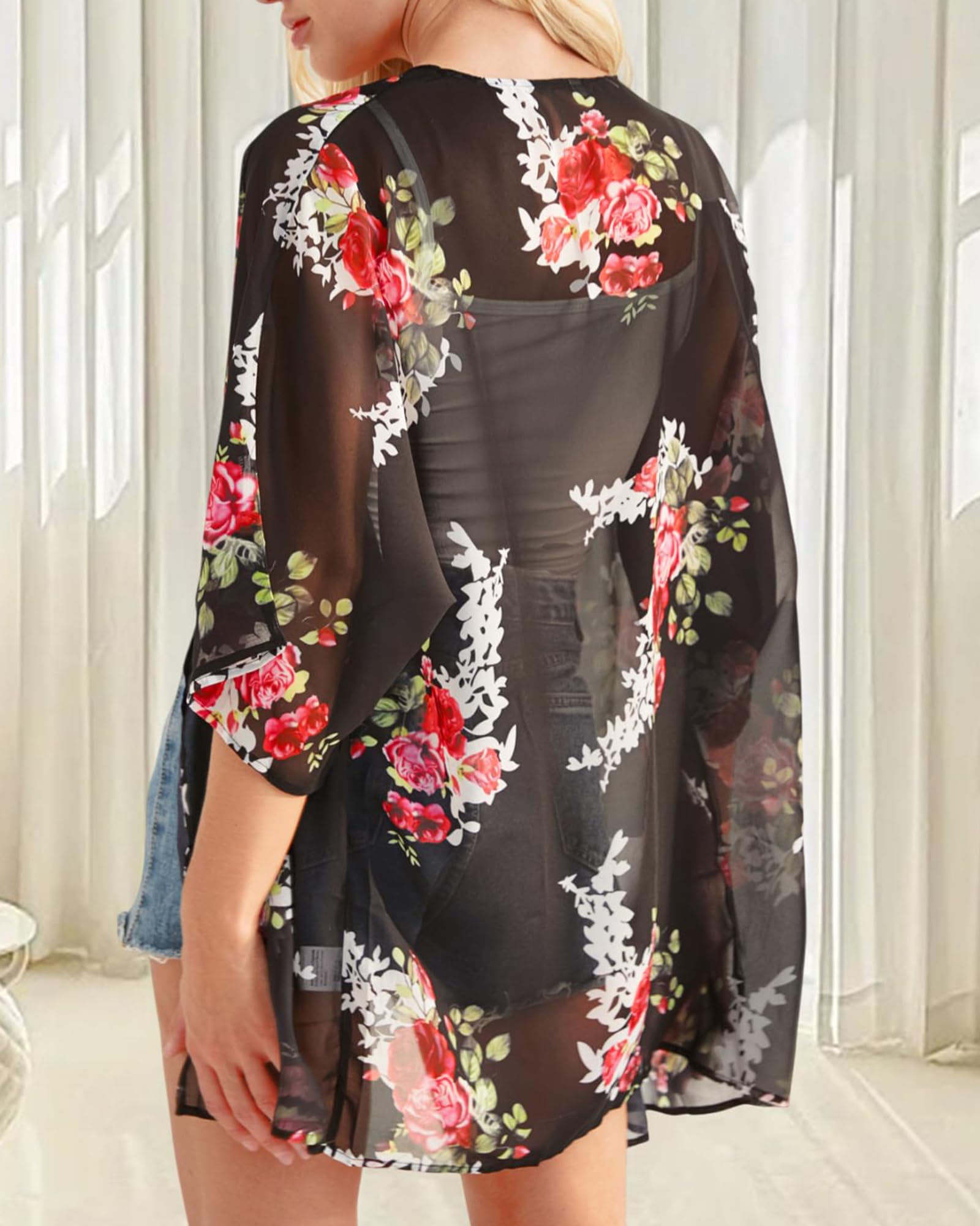 CHICGAL Women's Floral Print Puff Sleeve Kimono Cardigan Loose Cover Up Casual Blouse Tops
