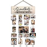 STHTTSW Grandma Gifts Photo Frame, Grandkids Make Life More Grand Picture Frame, Rustic Farmhouse Wood Hanging Collage Photo Frame with 30 Clips, Wall or Tabletop Decor, Birthday Gifts for Grandma