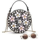 LJCTULY Kids Purse for Girls Age 1-14, Flower Purse for Kids, Black Toddler Wallet with Round Glasses, Cute Girls Handbag, Toddler Crossbody Bag Gift for Christmas
