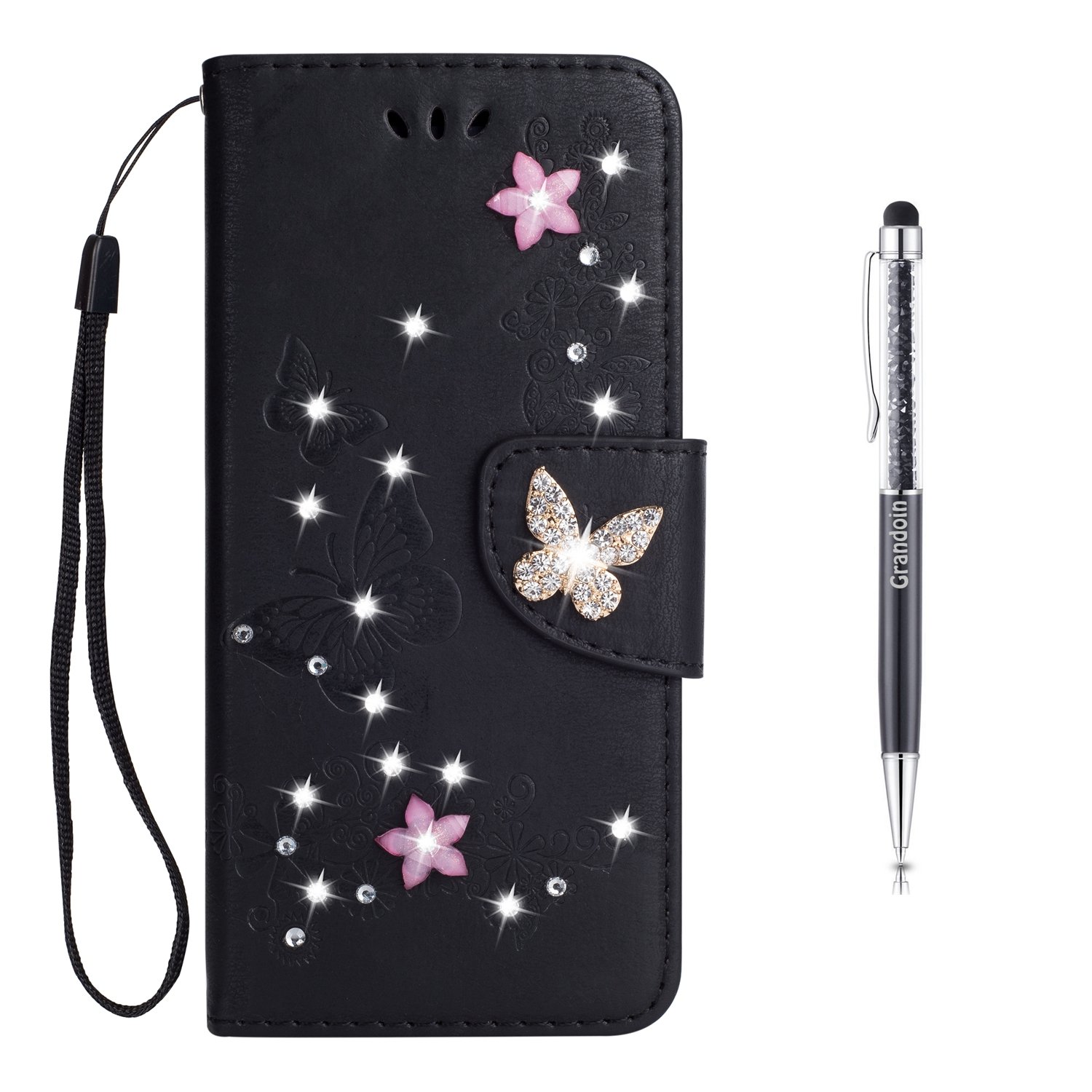Grandoin Galaxy S9 Plus Case, Floral Bling Sparkly Diamonds Gems Butterfly Pattern Design Premium PU Leather Magnetic Flip Cover with Card Slots Holders Case For Samsung Galaxy S9 Plus (Black)