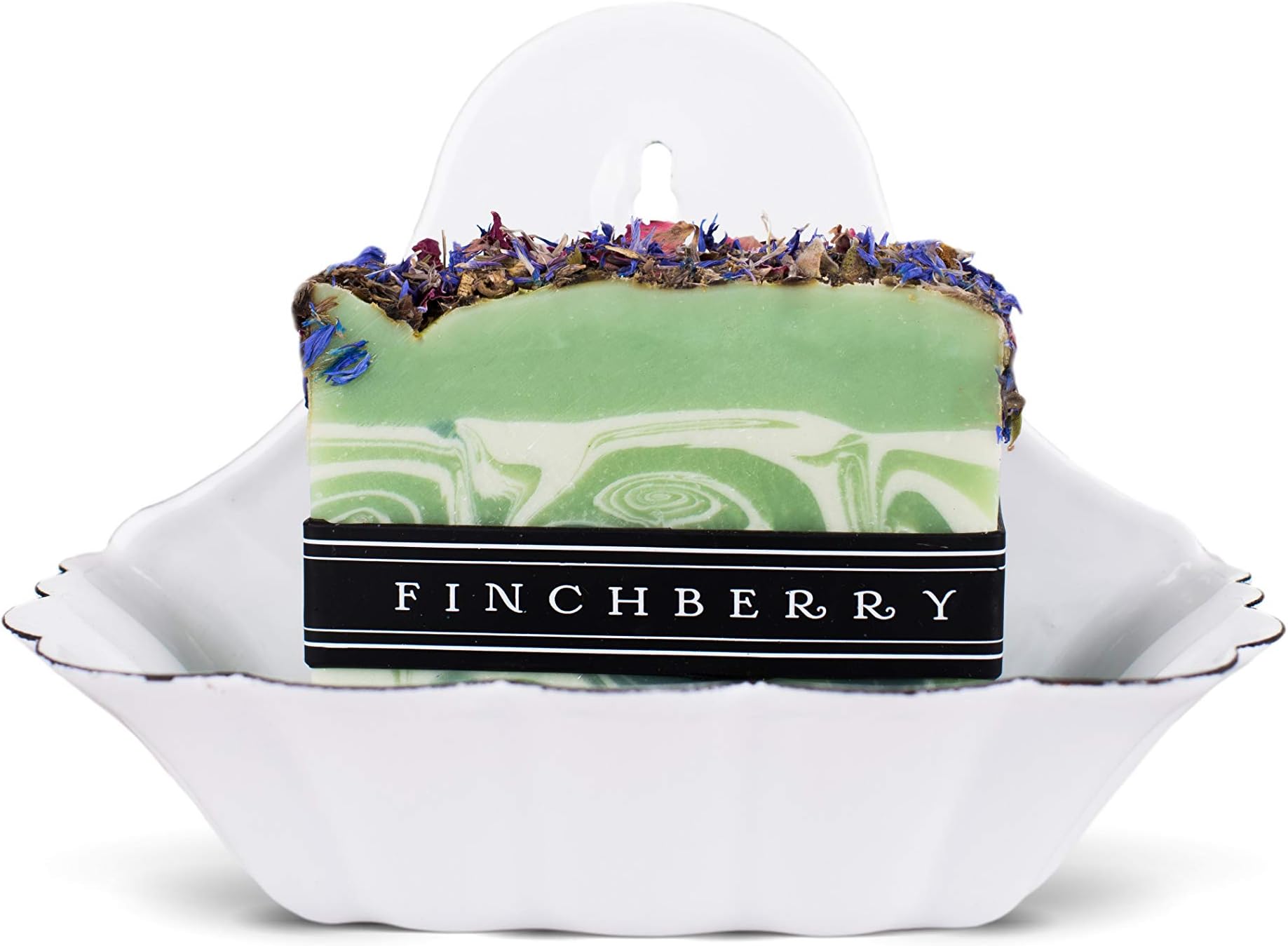 Finchberry Scalloped Enameled Metal Soap Dish Holder, Shabby Chic Vintage Bathroom Décor, Bar Soap Tray for Bath or Kitchen, Distressed Enamel (White)