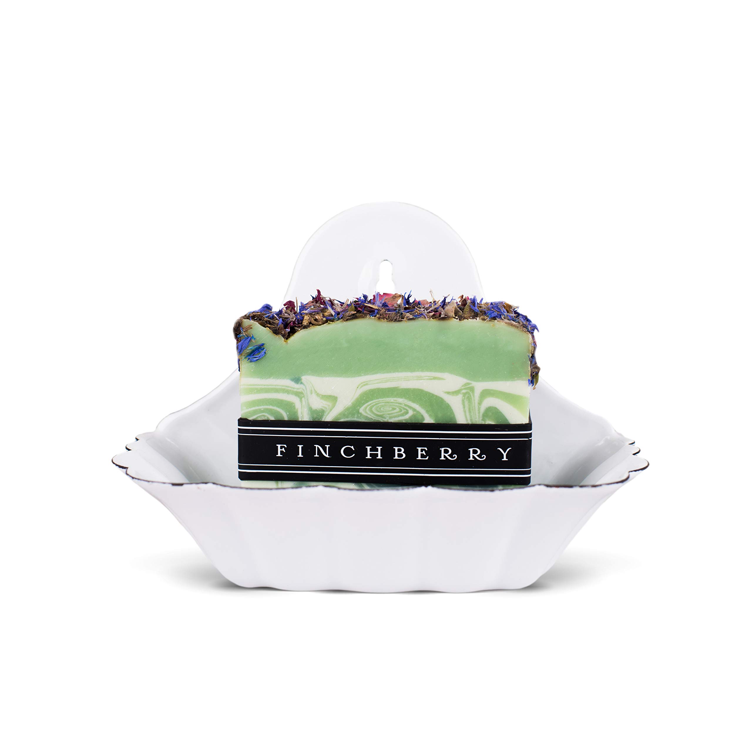 Finchberry Scalloped Enameled Metal Soap Dish Holder, Shabby Chic Vintage Bathroom Décor, Bar Soap Tray for Bath or Kitchen, Distressed Enamel (White)