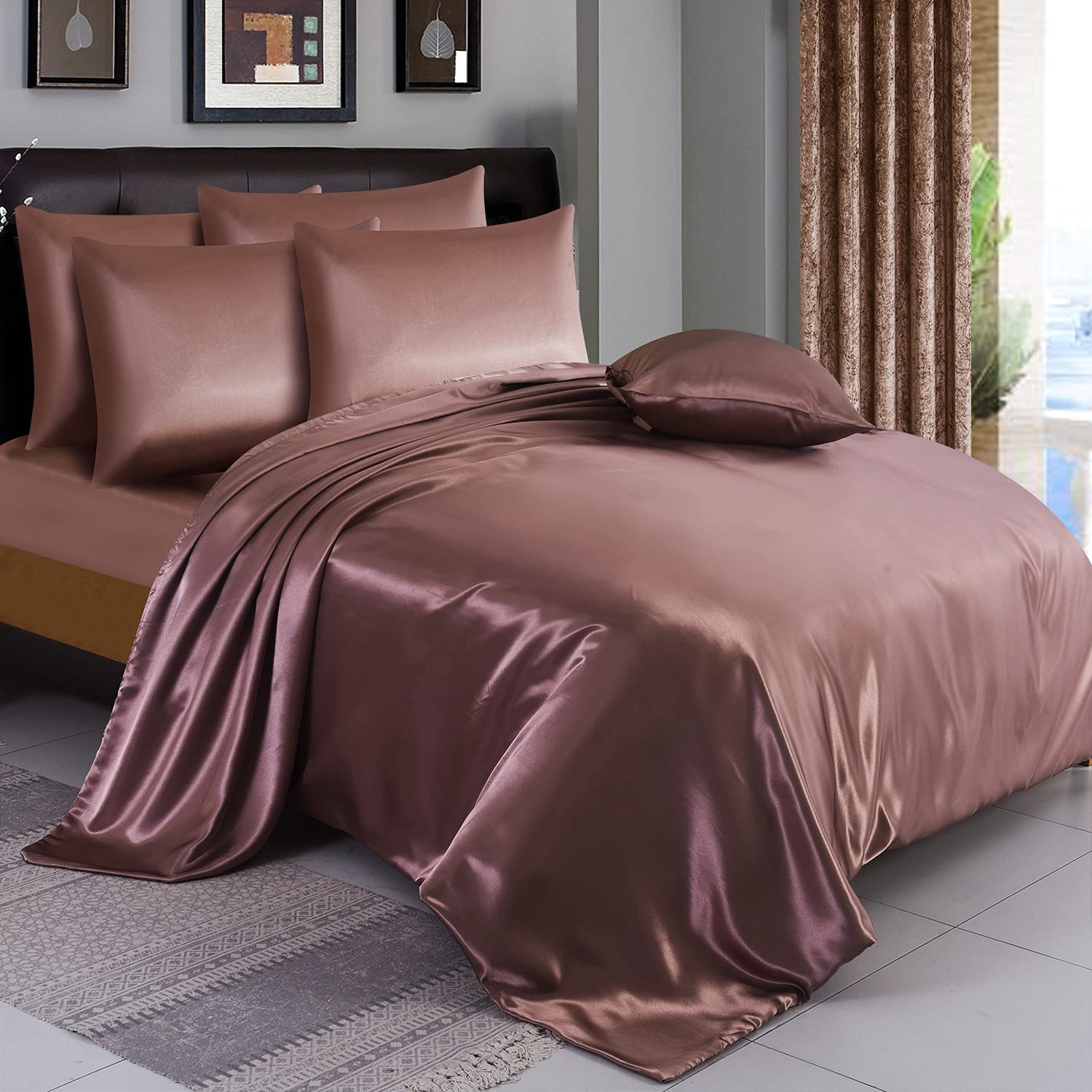 ZIMEL HOMES Six Pieces Satin Bedding Sets Duvet Cover, Fitted Sheet, 4 Pillowcases | Complete Silky Bedding Set (Blush-Pink, King)