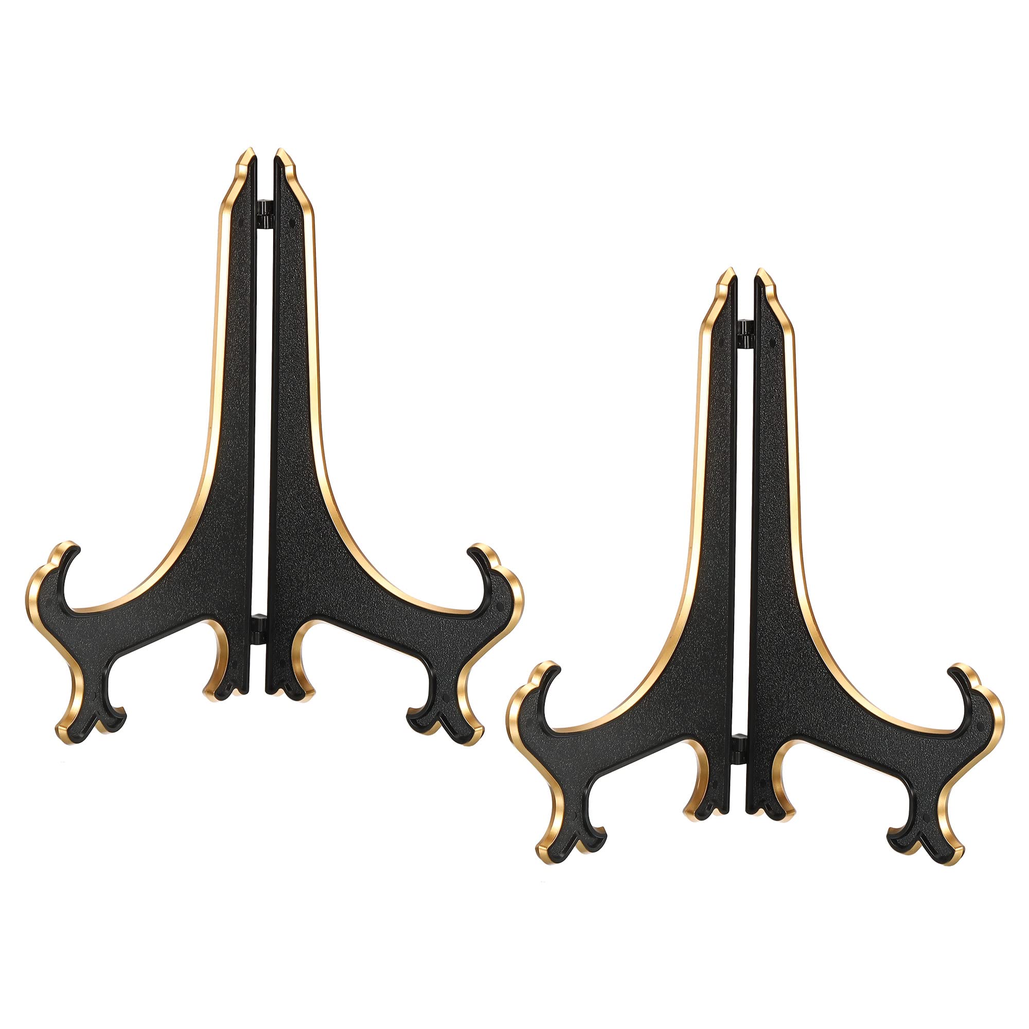PATIKIL 10" Acrylic Decorative Plate Stand Holder, 2 Pack Table Use Foldable Picture Easel Frame Holder for Displaying Photos, Card, Canvases, Black Gold
