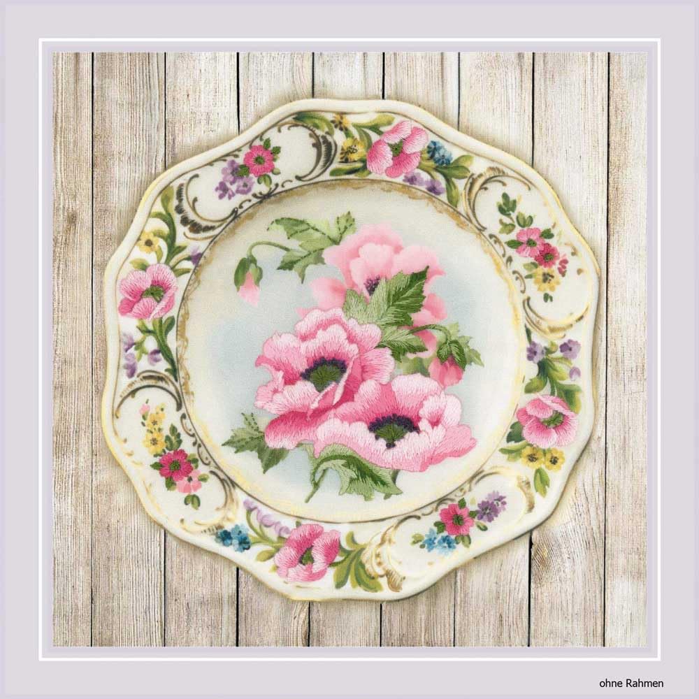 Riolis Plate with Pink Poppy Satin Stitch Tapestry Satin Table Runner, Cotton, multicolour, 21 x 21 x 0.1 cm