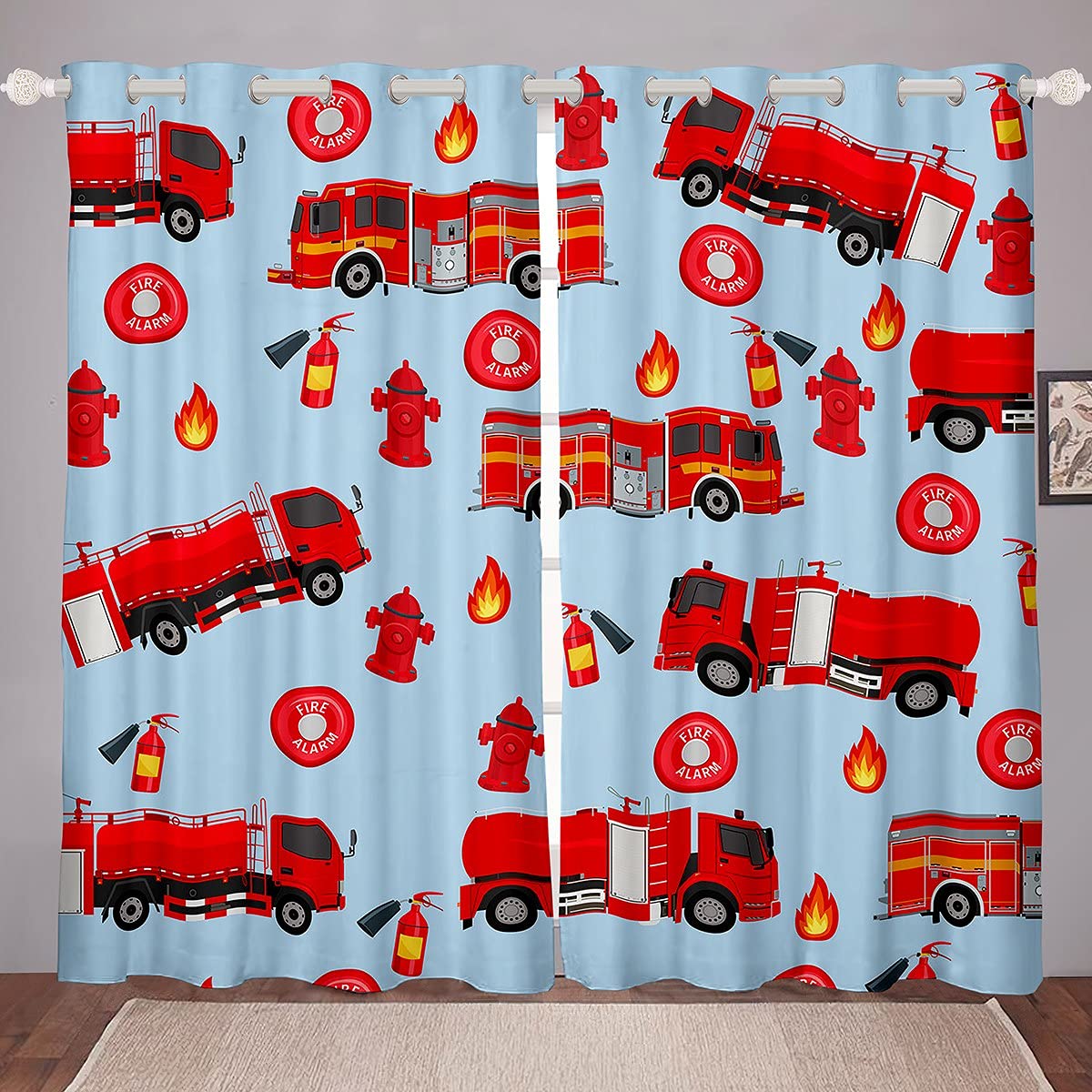 Loussiesd Kids Car Window Curtain Boys Fire Engine Curtains Red Fire Truck Vehicle Window Drapes for Girls Children Teens Window Treatments W46*L54 — image 1