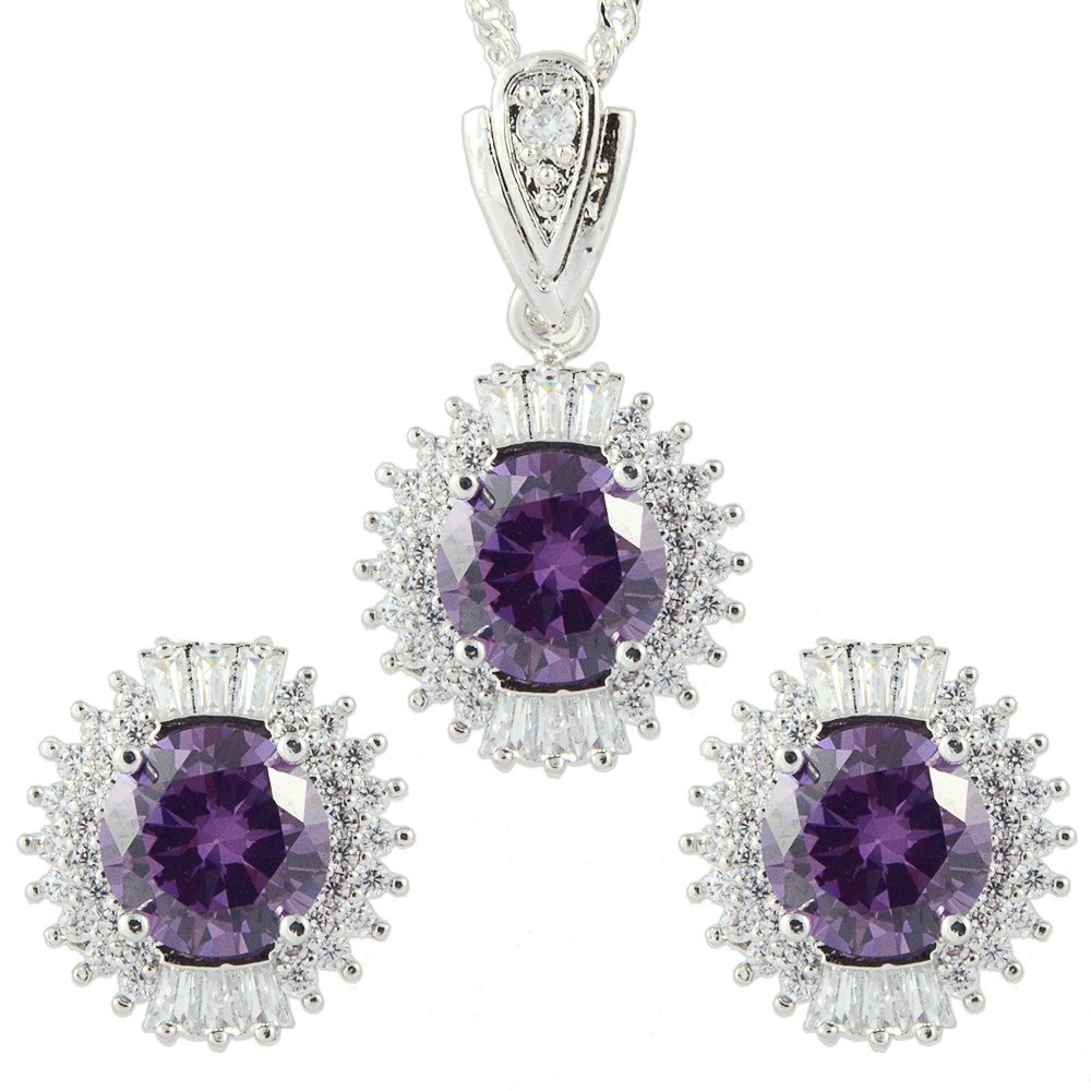 RIZILIA Jewellery Set Pendant with 43cm(17") Chain & Stud Earrings Round Cut Gemstones CZ [Purple Amethyst] in 18K White Gold Plated, Simple Modern Elegance