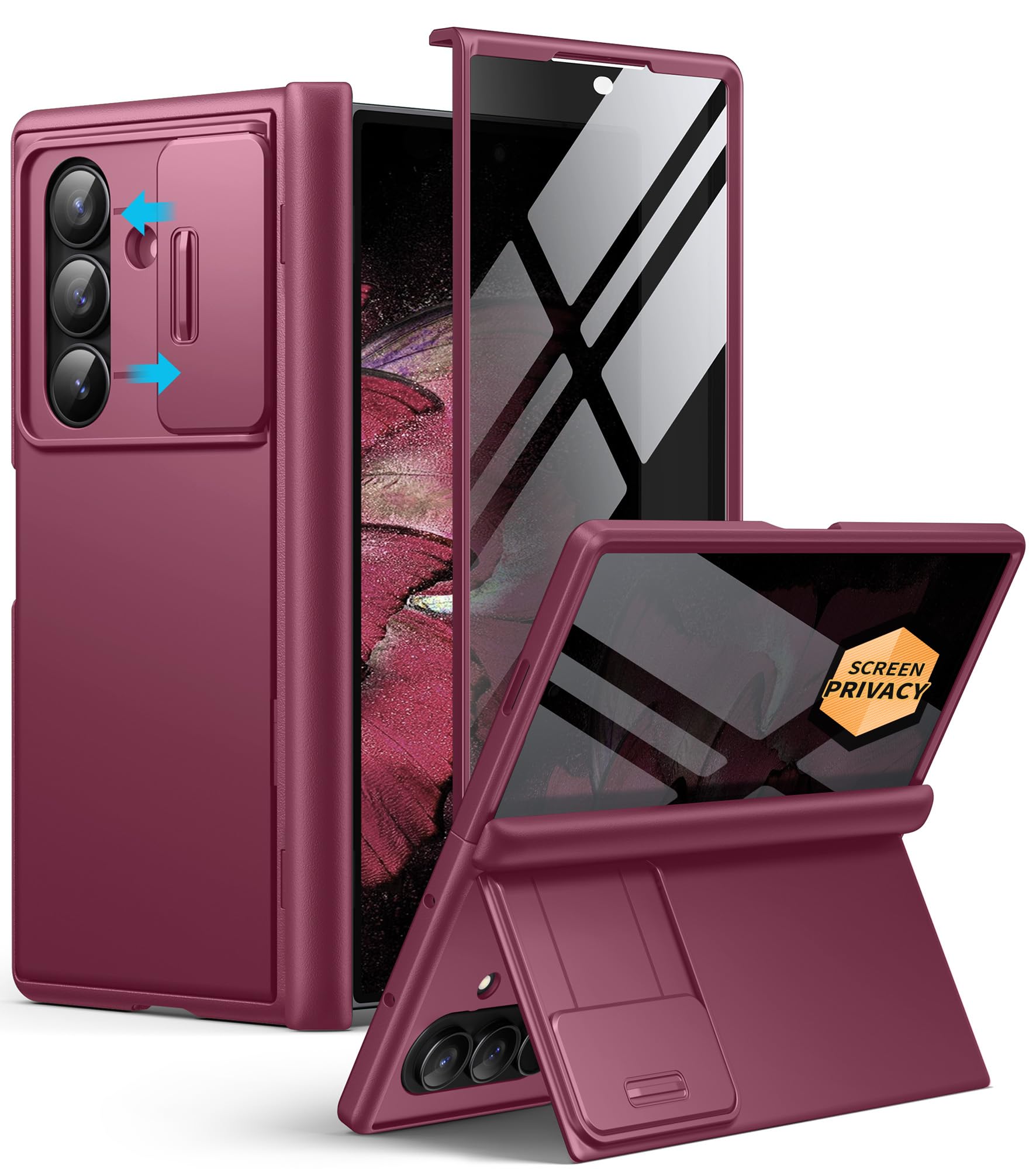 Photo 1 of BERFY for Z Fold 7 Case with Privacy Screen Protector, [Anti Spy] Hidden Kickstand & Slide Camera Cover & Hinge Protective, Full Body Shockproof Phone Case for Samsung Galaxy Z Fold 7, Red
