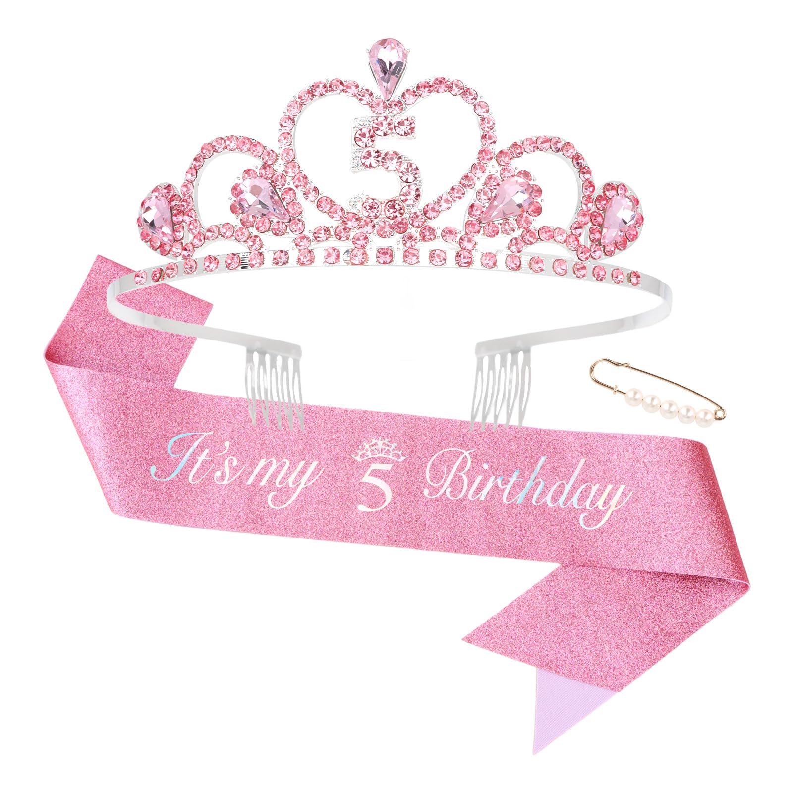 Padorul 5th Birthday Crown and Sash Set for Girls, Silver Pink Rhinestone Tiara with Glitter "It's My 5th Birthday" Banner & Pearl Pin, Princess Party Accessories