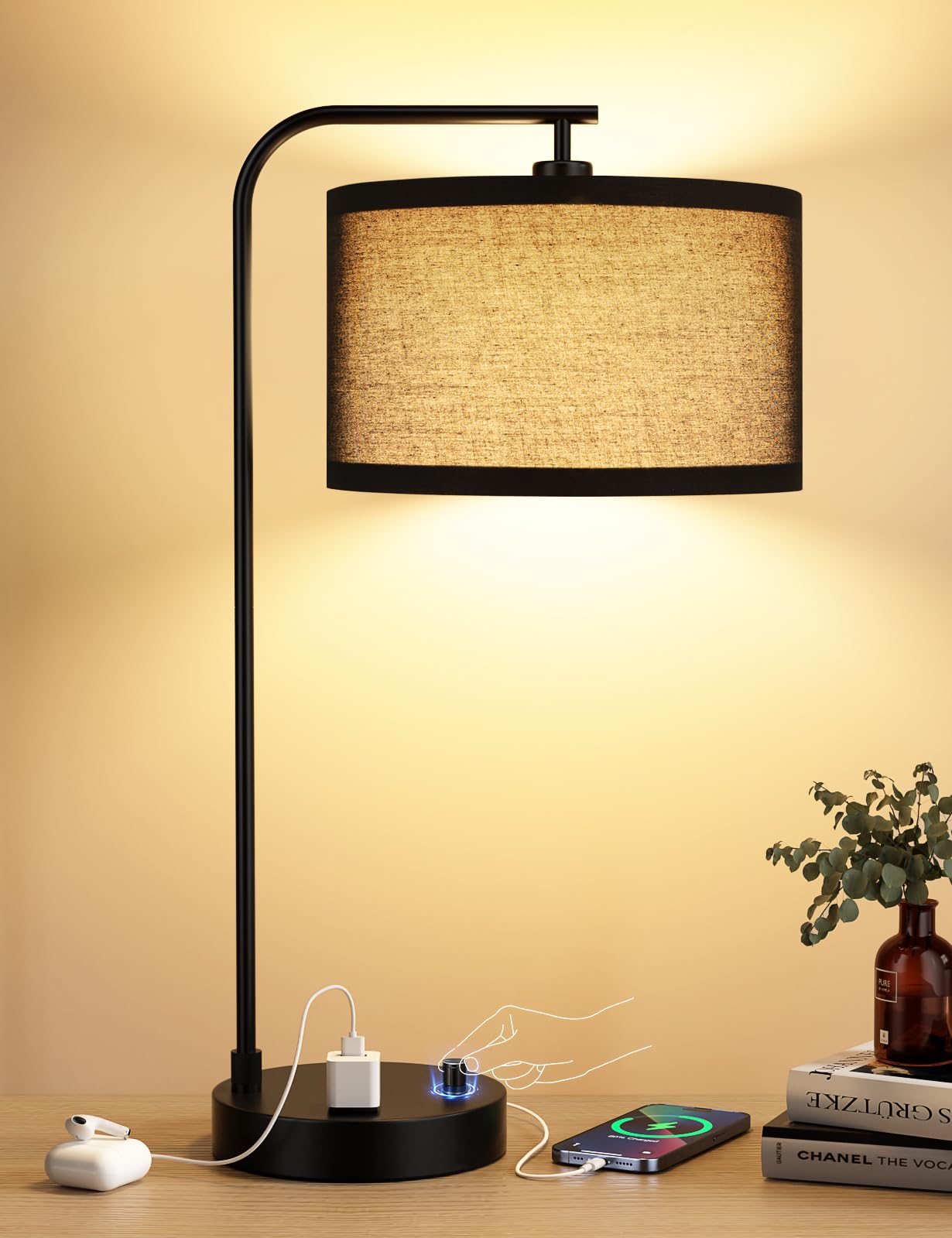 Black Tall Table Lamp with USB Port and