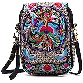 Embroidery Flowers Canvas Crossbody Bag, Women Messenger Bag, Cellphone Pouch Purse