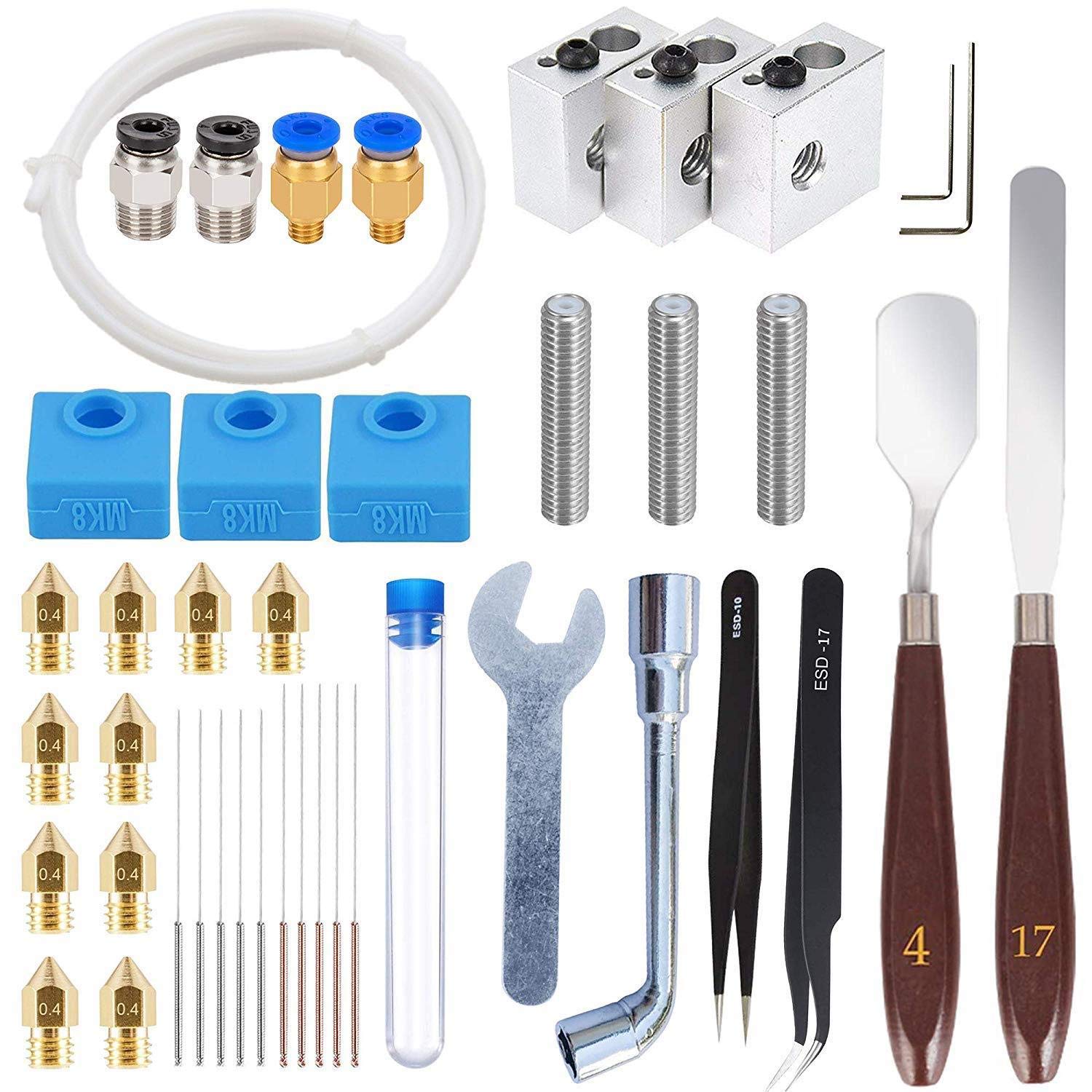 DollaTek 42Pcs 3D Printer Accessories Kit, 10 Nozzle + 3 Heater Block + 3 Throat Tube + 3 MK8 Silicone Socks + 10 Cleaning Needle + Other Parts Compatible with MK8 3D Printer