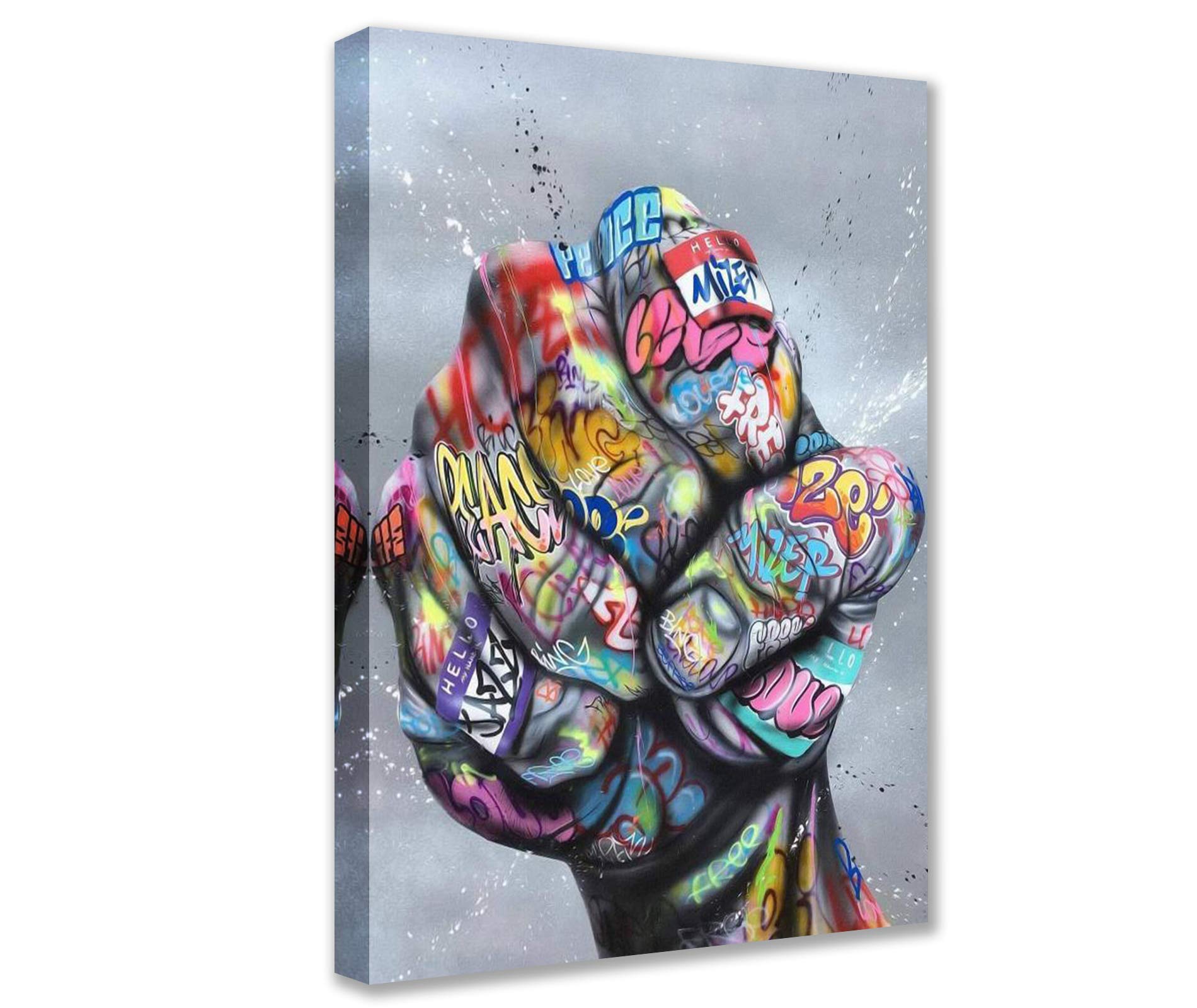 Norse Decor Abstract Graffiti Picture Clenched Fist Painting Banksy Street Art Artwork for Man Cave 1 Panels Canvas Wall Art HD Prints Home Modern Decor Framed Giclee Ready to Hang(16''Wx24''H)