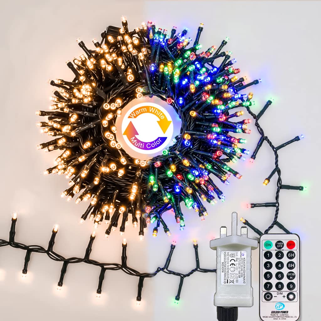 Gresonic Christmas Tree Fairy Lights 500 LED 10m/32.8ft Warm White to Multicolor Indoor, 9 Modes Timer Green Cable Wire String Twinkle, Waterproof Plug in Mains Powered for Garden Fence Decorations