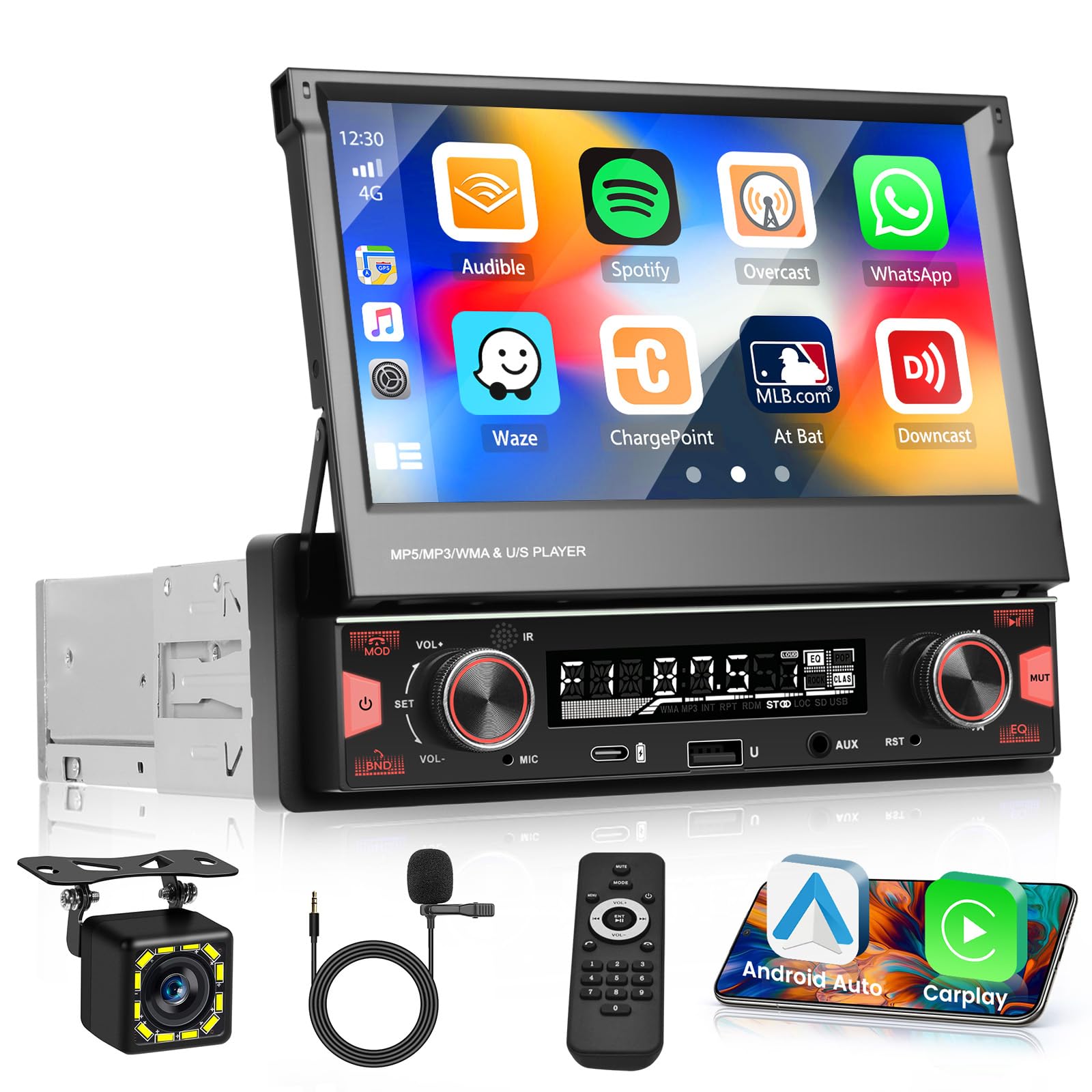 Photo 1 of Inefala 7 Inch Single Din Motorized HD Touchscreen Car Stereo with Wireless CarPlay Android Auto - Flip Out Car Radio with Bluetooth FM/AM/RDS Radio EQ Mirror Link SWC USB/Type-C/AUX Backup Camera MIC