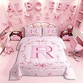Erosebridal Initial Letter R Girls Twin Bedding Set Princess Style Bow Comforter Set for Kids Teen Women Bedroom,Dreamy Girly Pearl Bowknot Bedding Comforter Sets Cute Kawaii Bow Monogram R Bed Set