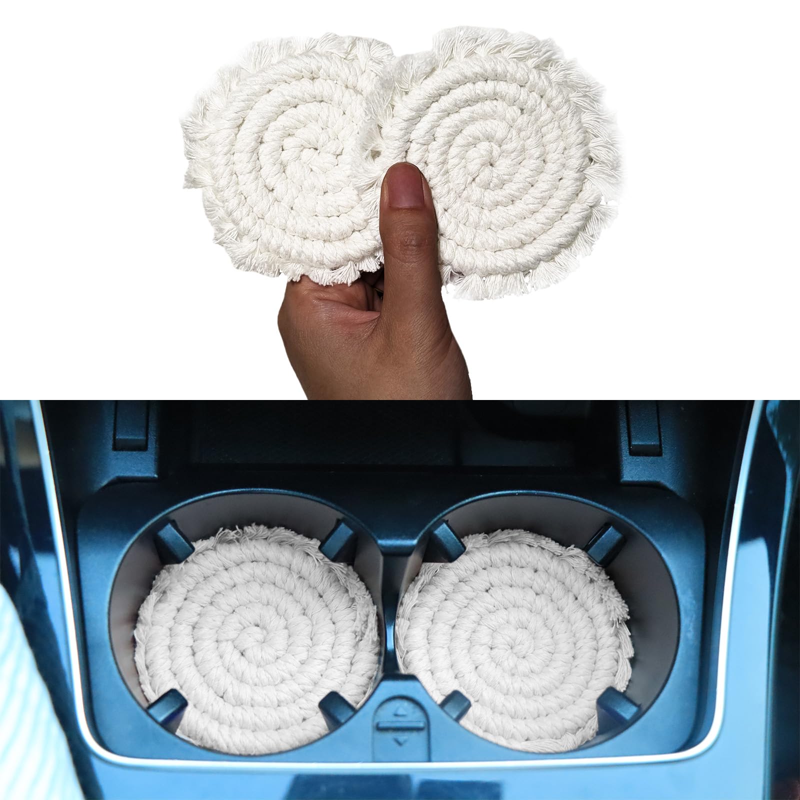 Photo 1 of **WASH RECOMMEND**3.8in Boho Car Coasters for Cup Holders, 2PC Cup Coasters for Car, Absorbent Macrame Drink Coaster, Cute Coaster Set for Table Office Desk, Beige