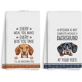 2Pcs Funny Dachshund Kitchen Dish Towels Set, Dachshund Gifts Waffle Weave Kitchen Towels, Wiener Dog Decorative Hand Tea Towels for Bathroom Kitchens, Wiener Dog Gifts for Women