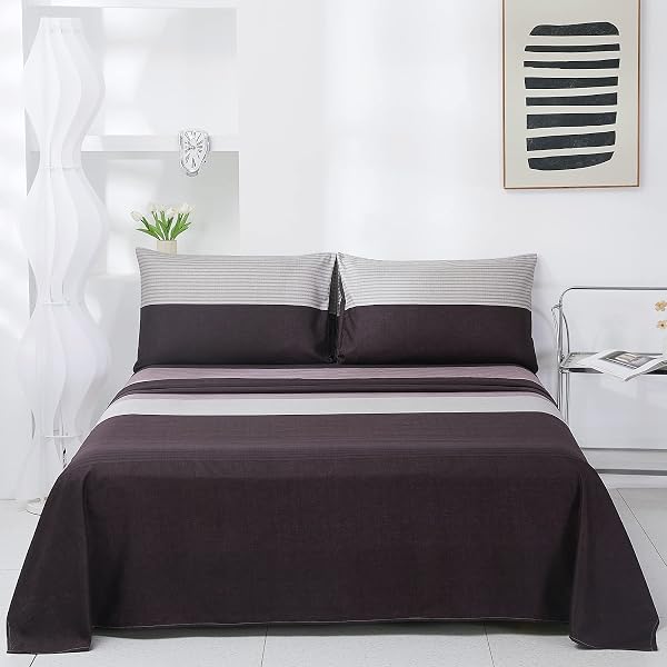 8HMOON STRIPED BED SHEET SET SOFT MICROFIBER WRINKLE FREE FULL SHEET SET – 1 FITTED SHEET, 1 FLAT SHEET AND 2 PILLOWCASES – ELASTIC DEEP POCKET 4 PIECE BEDDING SET (PURPLE, FULL)