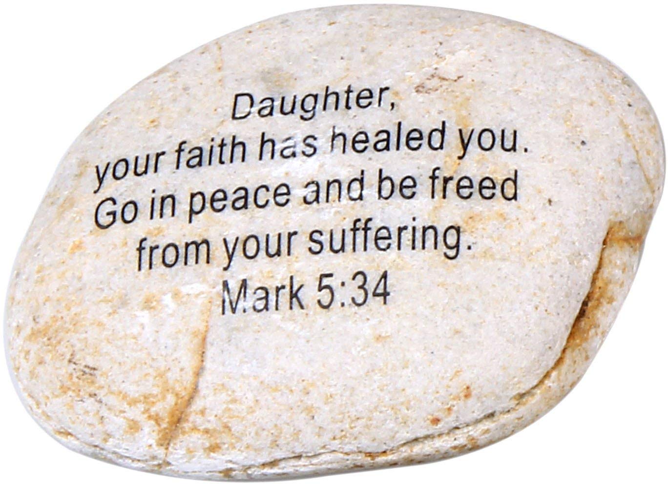 Holy Land Market Extra Large Engraved Inspirational Scripture Stones - Mark 5:34 Natural River Stone, 4-4.5 in, Inspirational Words
