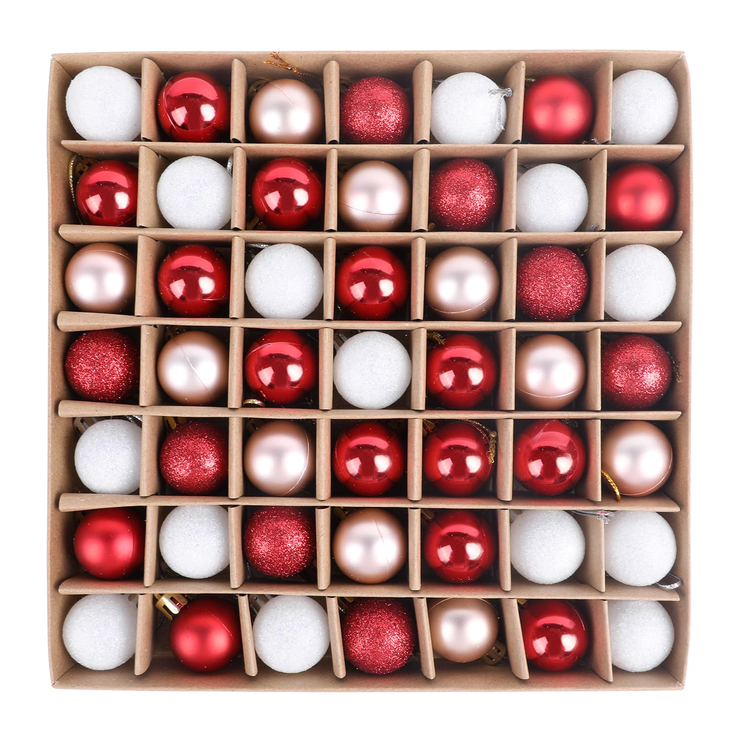 VEYLIN Mini Baubles, 49pcs 3cm Red Christmas Tree Decoration Glitter Ornaments (Red and White)