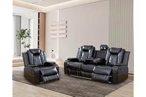 Plithzy Leather Power Recliner Sofa Set with LED, Leather Sofa Set with USB Charing&Reading Light, Living Room Furniture Set Reclining Sofa with Hidden Arm Storage (Sofa and Chair, Black)