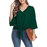VIISHOW Women's Button V Neck Chiffon Tops 3/4 Bell Sleeve Tie Knot Casual Blouses Loose Summer Shirts