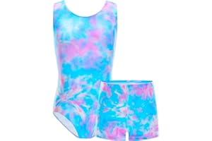 TENVDA Gymnastics Leotards for Girls Sleeveless Kids Dance Tumbling Outfit Matching Shorts Set Age 4-12 Years
