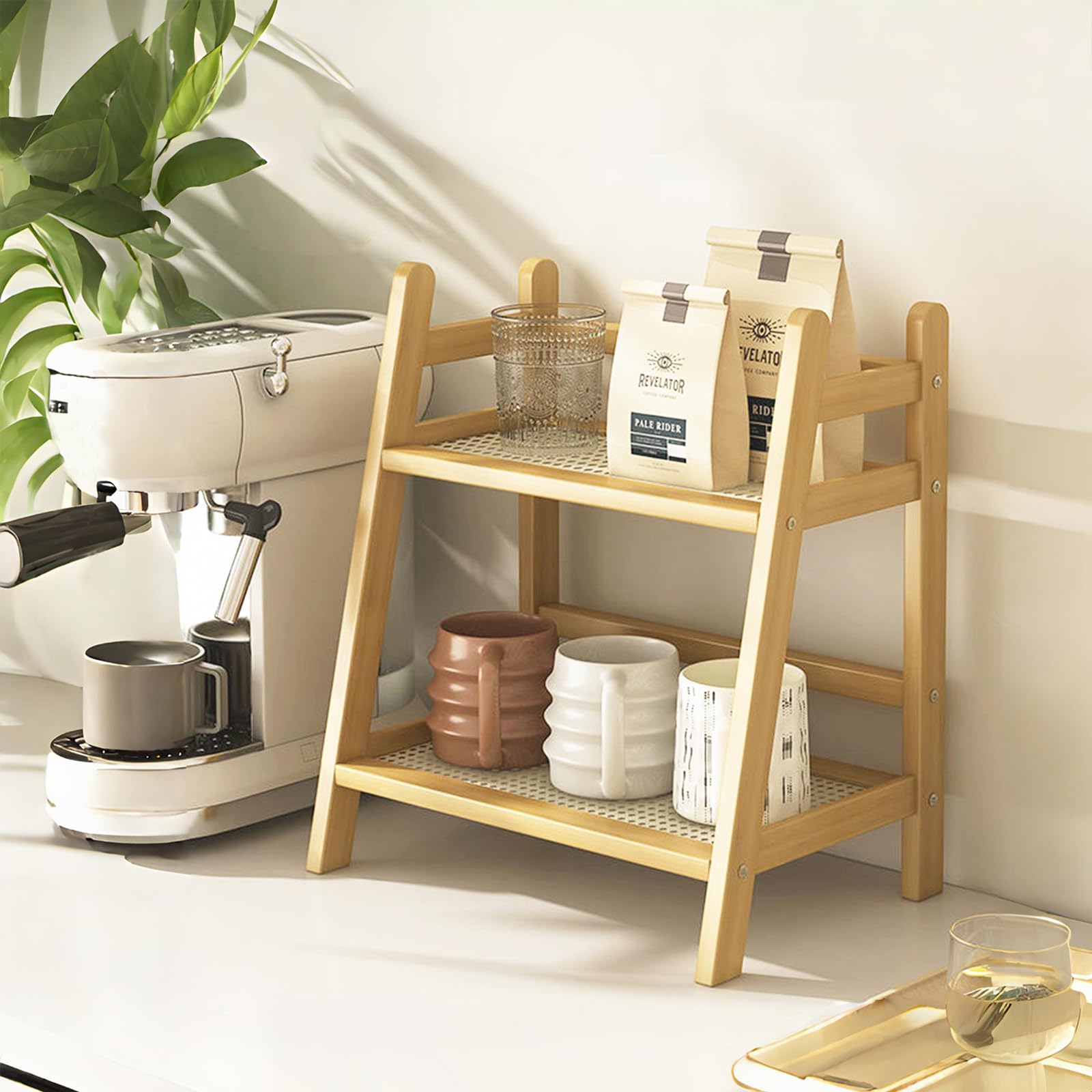Photo 1 of Narrow Mug Holder Countertop, Wicker-Look Tea and Coffee Bar Station Organizer, Bamboo Matcha Stand, Cup Display Shelf, Condiment Storage Rack for Kitchen Counter Cabinet, 2 Tier