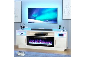 BREEZEHEAT Electric Fireplace TV Stand with 36 inch Fireplace Up to 80" TVs-Led Entertainment Center with Outlet, High Glossy Doors-70 inch TV Cabinet，Modern Media Console for Living Room(White)