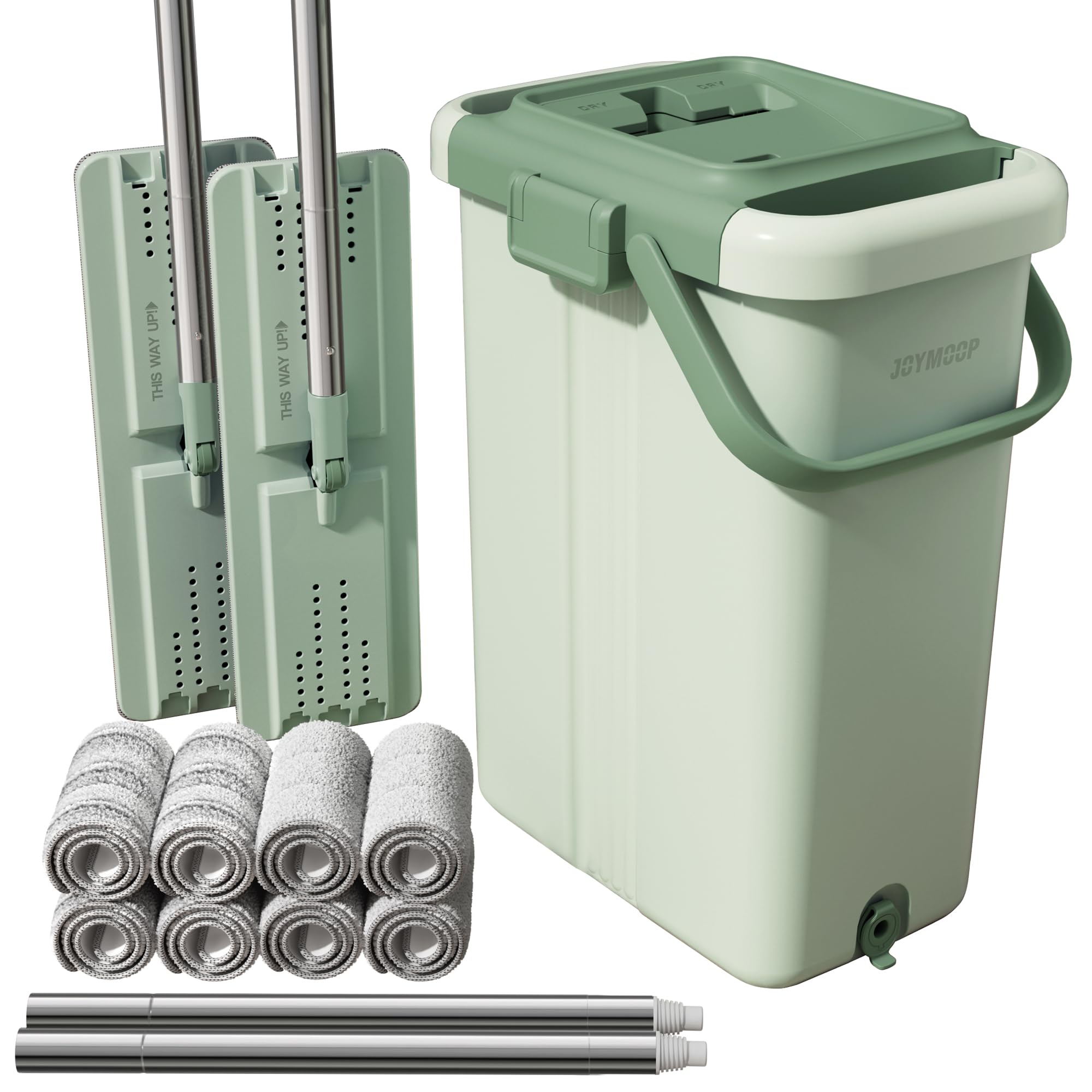 JOYMOOP Mop and Bucket with Wringer Set for Floor Cleaning and Wall Cleaner, Flat Mop and Bucket System Set with 2 Mops and 8 Large Microfiber Pads - Green