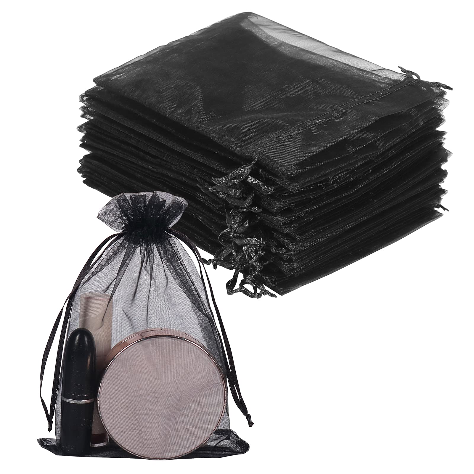 YQL 100PCS Black Organza Gift Bags 13X18cm, 5x7 Inches Mesh Wedding Favourbags with Drawstring for Baby Shower Valentine Christmas Halloween Packing, Black Organza Bags for Jewelry Bracelet Packaging