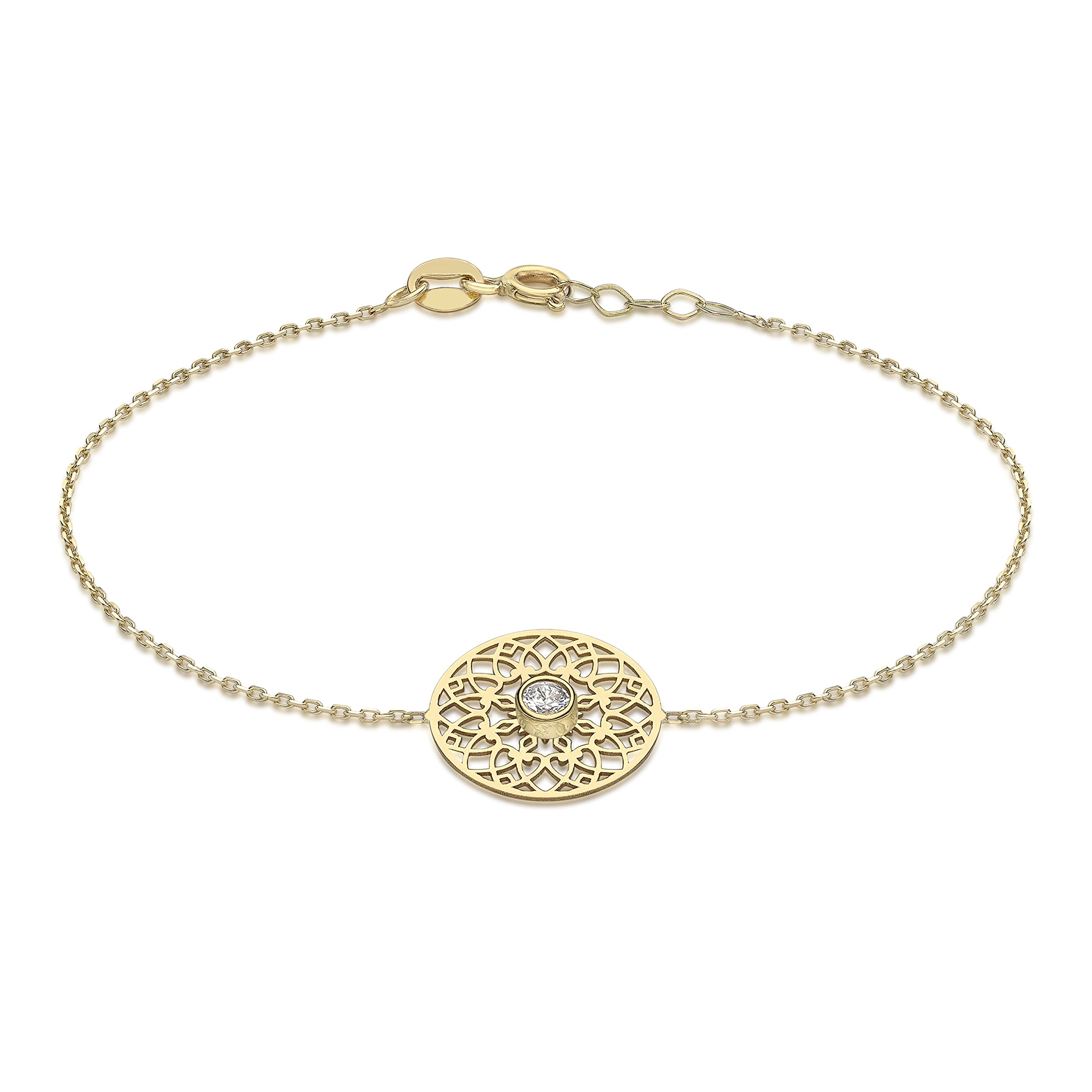 CARISSIMA Women 9 ct (375) Yellow Gold Cubic Zirconia Cut Out 12 mm Disc Adjustable Bracelet 18 cm/7 Inch - 19 cm/7.5 Inch