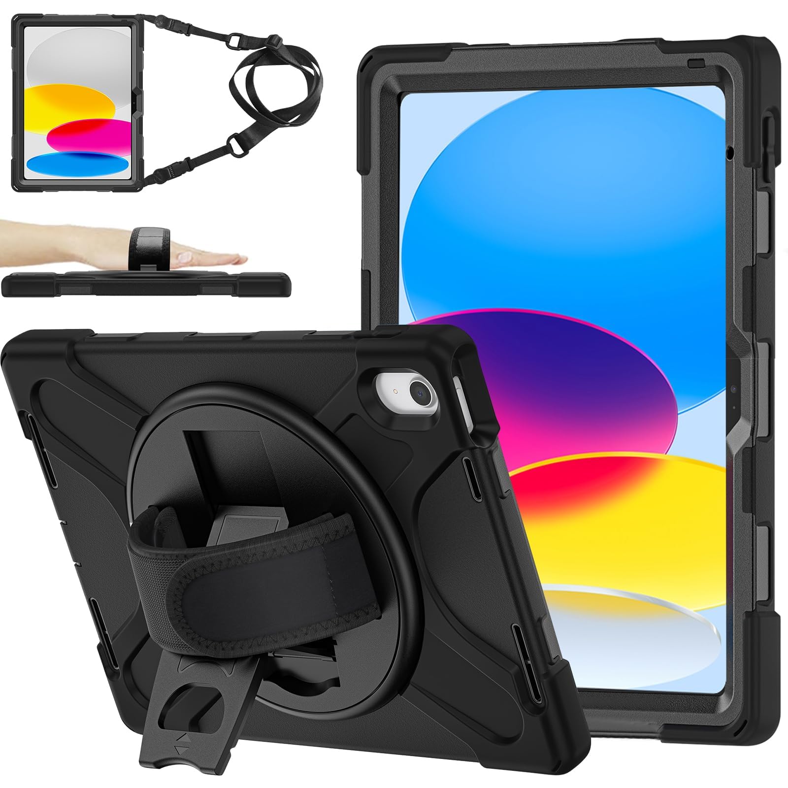 ZenRich Case for iPad 11th/10th Generation 11 inch A16 2025/10.9 inch 2022, Shockproof Rugged Protective with Rotating Kickstand Hand Strap Pencil Holder Shoulder Belt for iPad 11/10 Gen, Black